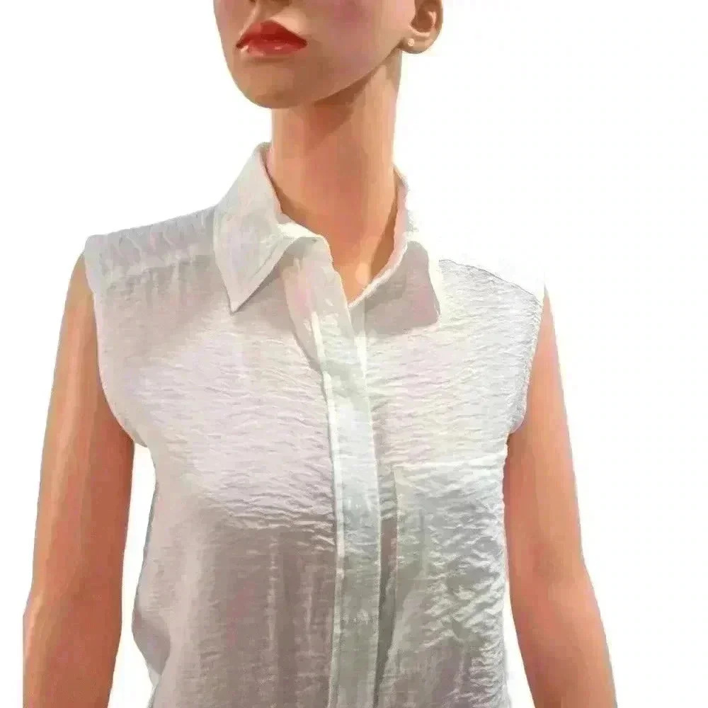 White Sleeveless Button-Up Blouse - Women's Lightweight Shirt - Picture 2 of 6